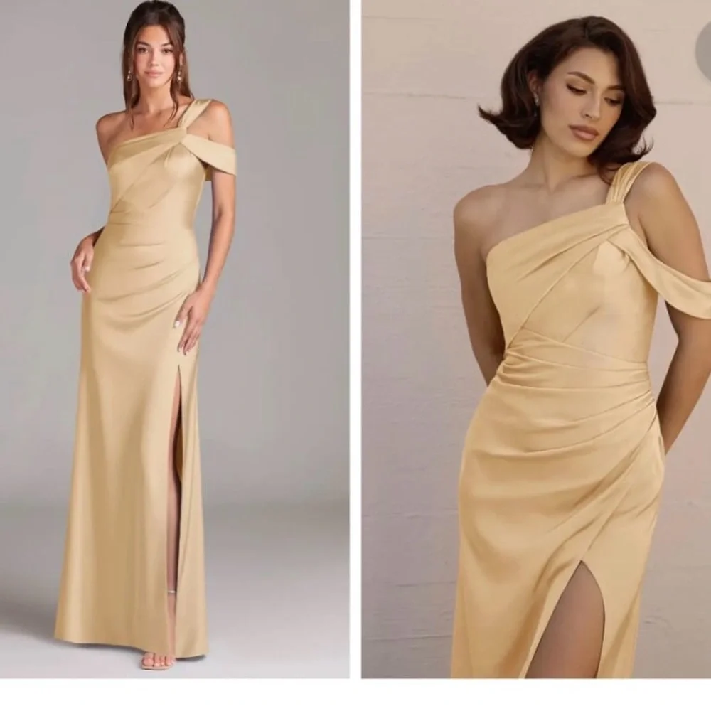 Gold One-Shoulder Satin Formal Gown w/ Slit – NWT - Picture 1 of 6